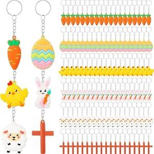 Equsion 120 Pcs Keychain Easter Day Party Favors Bunny Key Chain Key Ring Rabbit Cross Hanging Kit Carrot Eggs Party Decorations for Easter Hunting Party Decor
