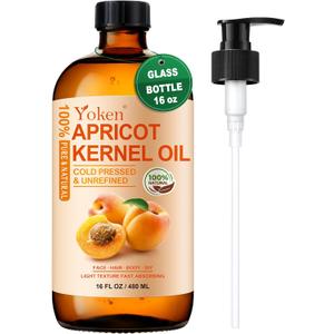 Yoken Cold Pressed Apricot Kernel Oil 16 fl oz Glass Bottle - Single Ingredient 100% Pure and Natural Apricot Oil, Lightweight Carrier & Massage Oil for Skin & Hair, Unscented & Hexane Free