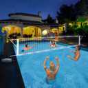 Pool Volleyball Net Set with LED Lights, 15-32FT Adjustable Net for Inground Pools, Includes Solar Powered Lights, Glow Ball and Weighted Bases, Outdoor Water Volleyball Games for Kids Adults Family