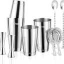 Boston Cocktail Shaker, 8-Piece Professional Shaker Set, Stainless Steel Bar Tools Set with Boston Shaker, Bar Spoon, Jigger, Hawthorne Strainer, Dishwasher Safe, Ideal Bartender Kit for Bar (Silver)