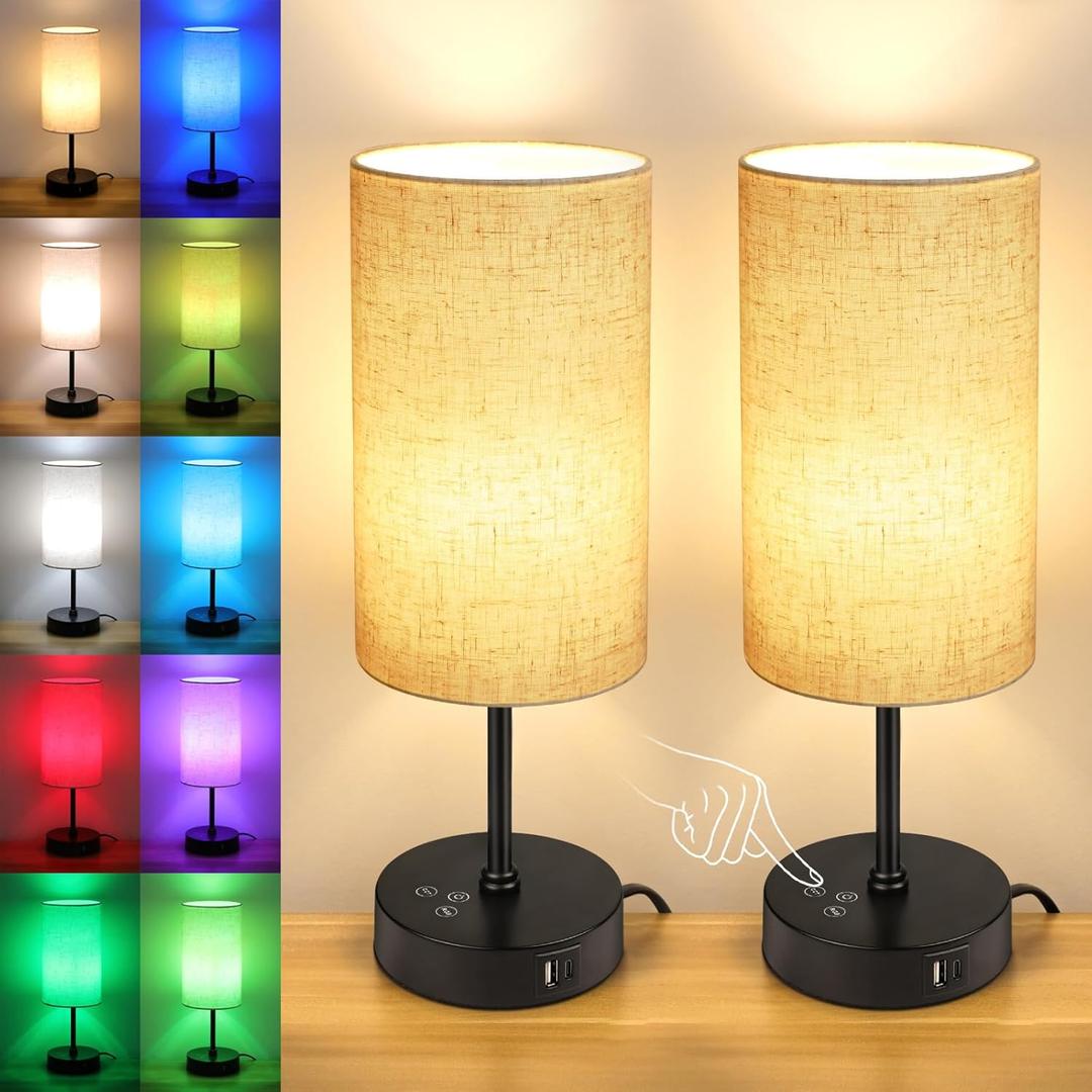 Unicozin Table Lamp Set of 2, 3 CCT 3000K/4500K/6500K & RGB Color Changing, Stepless Dimmable Small Bedside Lamp for Reading, Ambience Nightstand Light for Home Decor Party, Beige Shade (14.5in)