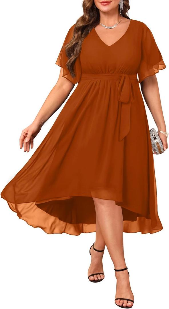 Talisea Plus Size Dresses Wedding Guest - Formal Cocktail Chiffon V Neck Short Sleeve High Low Dress Curvy Women (Brown, 22 Plus)
