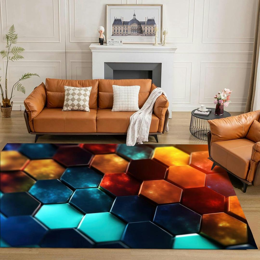 Abstract Colorful Hexagon Rug 5x7 Rug Area Rugs for Living Room Bedroom Aesthetic Dining Room Machine Washable Throw Rugs Carpet Indoor Non-Slip Floor Mat (4'10" x 6'8" (Rectangular), Multi4)