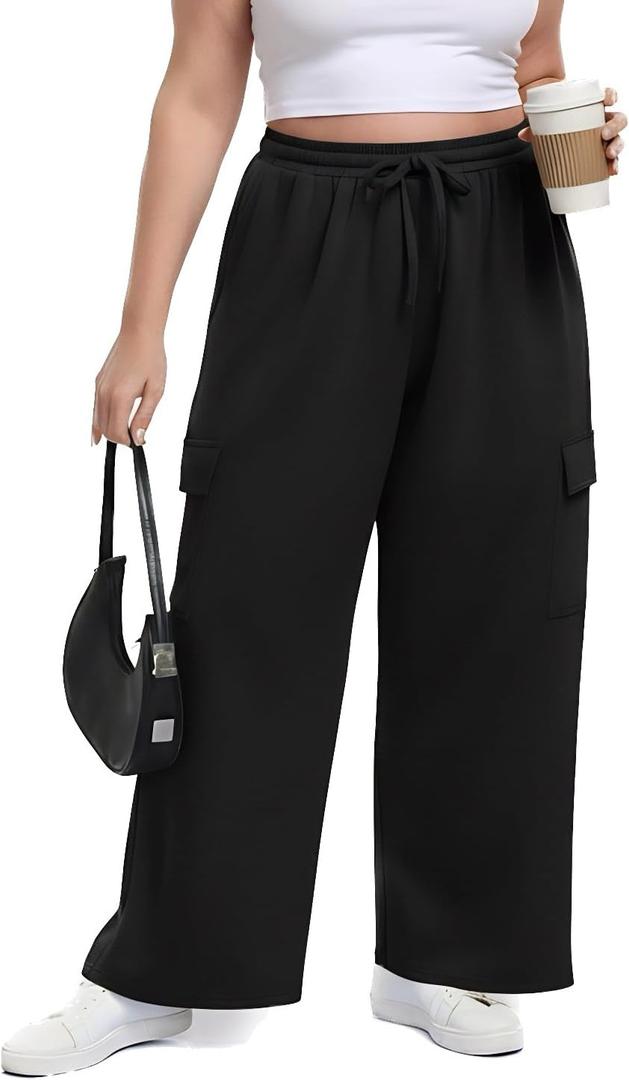 OLRIK Womens Plus Size Wide Leg Cargo Sweatpants High Waisted Drawstring Lounge Pants with Pockets Baggy Strechy Joggers (4X, Black)