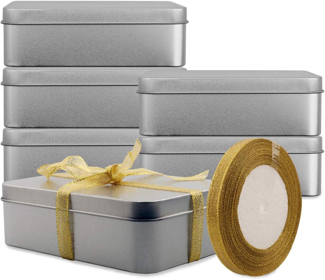 Coobbar Empty Metal Tins Box with Lid,6 Pack Stainless steel Tins Cookie Tin Cans Storage Container for Treats, Gifts, Candle, Favors and Crafts, Silver, 4.9 x 3.7 x 1.6 Inches