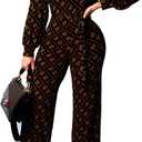 Jumpsuit for Women Sexy Elegant Long Straight Pants Cocktail Printing Jumpsuits Party Club with Zipper (3X-Large, Brown)