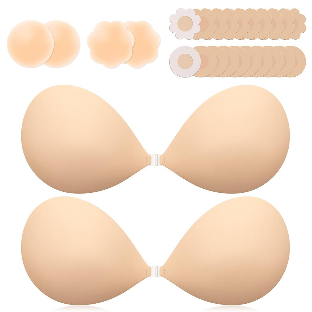 Invisible Sticky Bra Push Up, Reusable Adhesive Bra for Backless Dress, Seamless Silicone Nipple Covers for Women (B Cup, Beige, 2PCS)