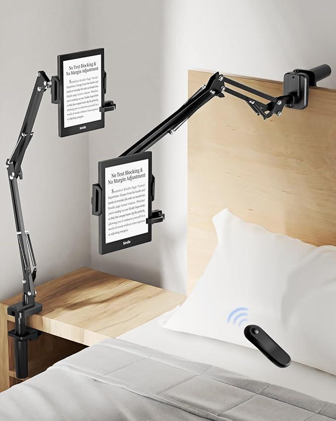 Kindle Holder with Remote Page Turner – Kindle Stand with Remote Page Turner for Bed, Hands-Free Clip Mount, Easy-Adjust Steel Arm (Not Gooseneck), No Text Blocking