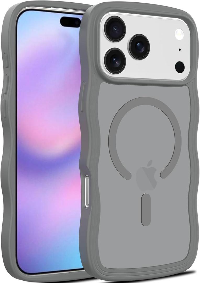 Magnetic for iPhone 17 Pro Case, (Compatible with Magsafe) Curly Wavy Frame Hard Translucent Matte Clear Back Cover for Women Men TPU Bumper Shockproof Phone Case (Gray)