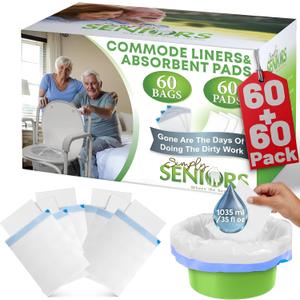 Commode Liners with Absorbent Pads - 60 Bedside Commode Liners & Pads - Portable Toilet Bags for Porta Potty & Camping - No More Days Washing The Bucket of The Commode Chair for Toilet with Arms