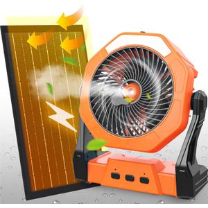10W Solar Fan with Mister, Misting Camping Fan with Solar Panel, Portable Outdoor Fans, 8 Inch Battery Operated Rechargeable Cooling Fans with Water Spray for Travel/ Beach/ Chicken Coop