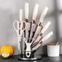 Knife Set, 9Pieces Stainless Steel Non Stick Kitchen Knife Block Set, Sharp Cutlery Knives Set with Sharpener Knives Set with Rotatable Storage Stand Scissors (White)