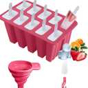 Silicone Popsicle Molds 10 Pcs Ice Pop Maker Molds with 10 Reusable Sticks, Cleaning Brush and Funnel - Homemade Easy-Release Reusable Popsicle Moulds Shapes (Red)