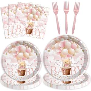 96 Pcs Girl Bear Baby Shower Party Tableware Set Pink Hot Balloons Bear Disposable Paper Plates and Napkins We Can Barely Wait Baby Shower Party Supplies for 24 Guests (Pink)