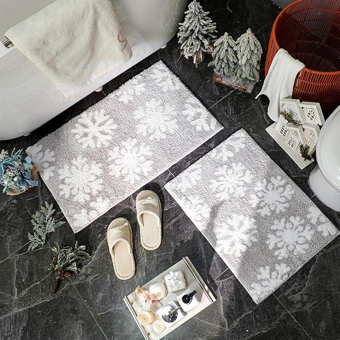 Dunzy 2 Pcs Winter Snowflake Bath Mat Winter Non Slip Soft Microfiber Bathroom Rugs New Year Area Rug for Tub Shower Room Floor, 20 x 32 Inches, 17 x 24 Inches