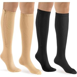 bropite Zipper Close Toe Compression Socks for Women and Men 2 Pairs Knee high 15-20mmHg for Walking Running Nurses Pregnancy (XX-Large, Beige Black)
