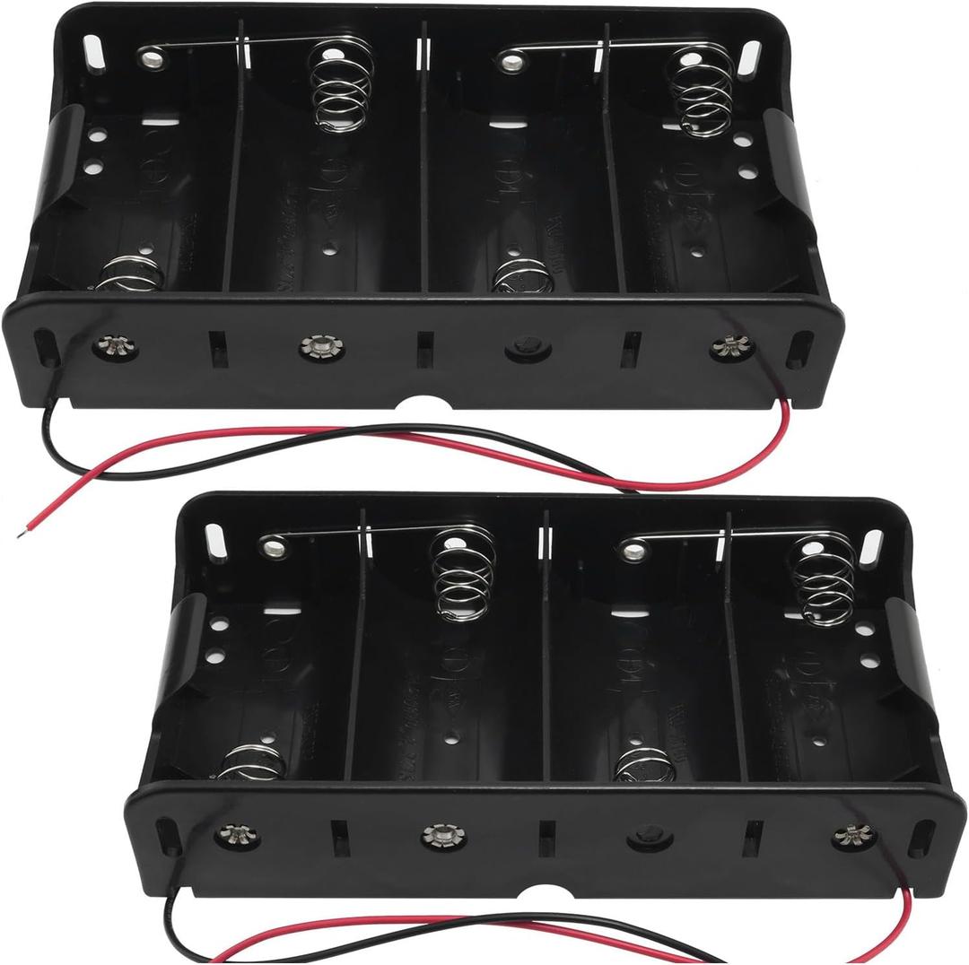 2-Pack 4 Slot D Cell Battery Holder Large Size 1-Cell 4x1.5V with Leads No Cover No Switch Slots Black