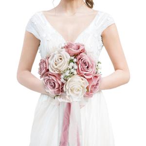Wedding Bouquet for Bride - Premade Simple Artificial Roses Flowers for Bridal Shower Destination Ceremony Anniversary Decorations - Dusty Pink & White