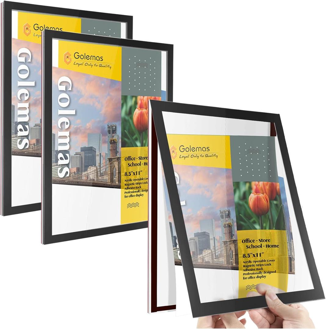 Acrylic Magnetic Sign Holder, Easy-Opening 8.5 x 11 Wall Mount Display Frames, Self Adhesive Back Plastic Clear Document Frame, Horizontal & Vertical Display (Black, 3Pack)