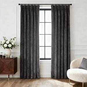 Pinch Pleated Dark Grey Velvet Curtains for Living Room Modern Elegant Plush Velvet Luxury Fabric Room Darkening Window Drapes Bedroom Curtain 40x120