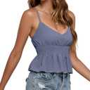 LYANER Women's V Neck Elastic Waist Pleated Ruffle Hem Sleeveless Strappy Crop Cami Top (Blue, XL)