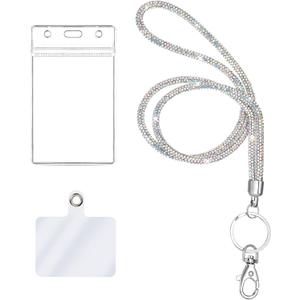 34.8'' Lanyards Id Badges for Women Cute Bling Lanyard for Women with Ab White Crystal, Rhinestone Id Badge Holder, Work Name Card Holder, Bonus PVC Card Holder, Cellphone Safety Tab