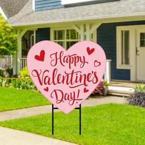 Happy Valentine' s Day Metal Garden Stake Welcome Yard Sign Pink Love Heart Decorative Lawn Sign for Wedding Anniversary Home Outside Lawn Porch Walkway Decor