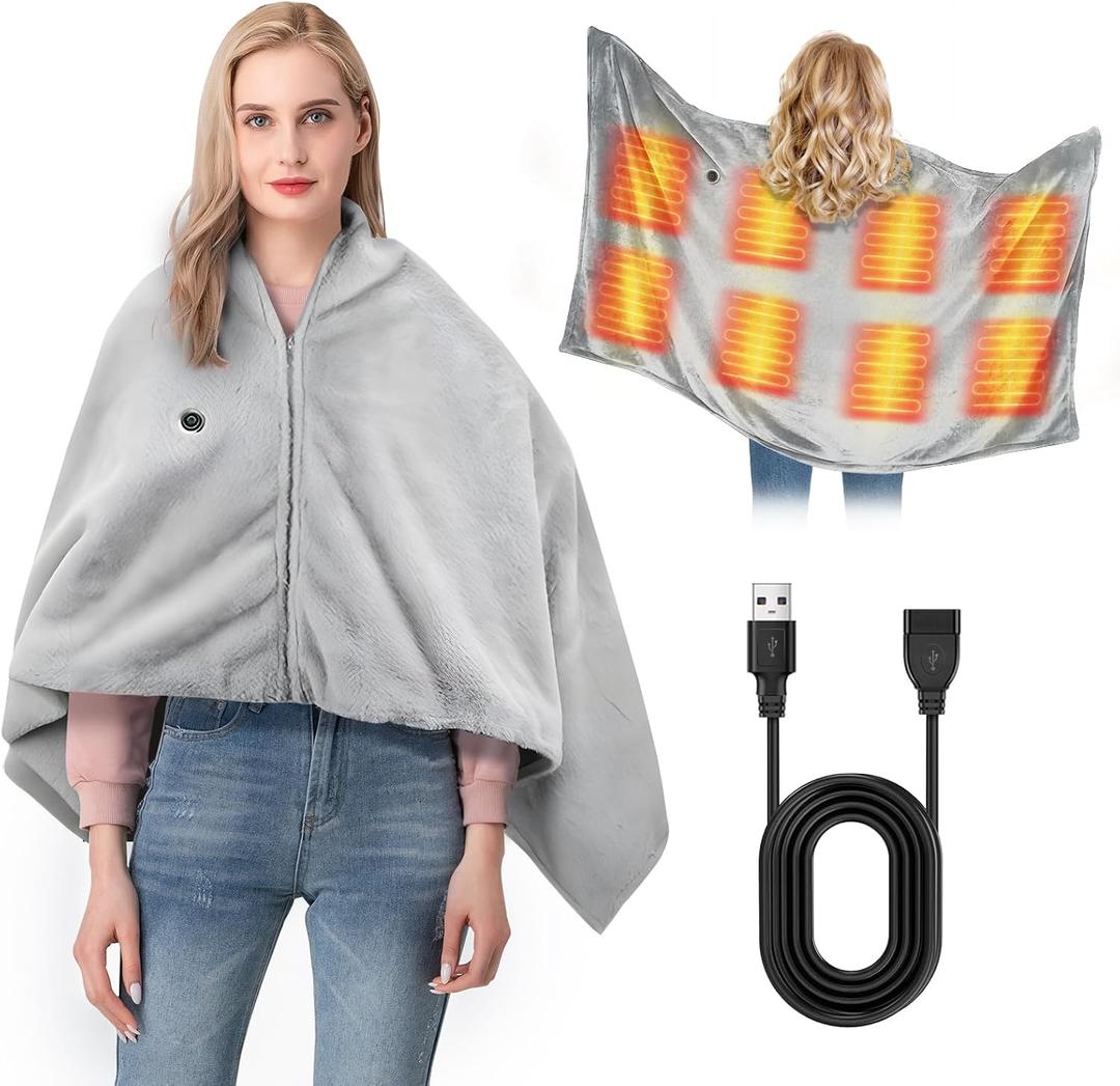 USB Electric Heated Shawl,Portable Cordless Heated Throw Blanket,3 Heat Settings,Heated Shawl Poncho Wrap Blanket with Zipper,for Outdoor,Car,Travel,Camping,Machine Washable(Battery Not Included)