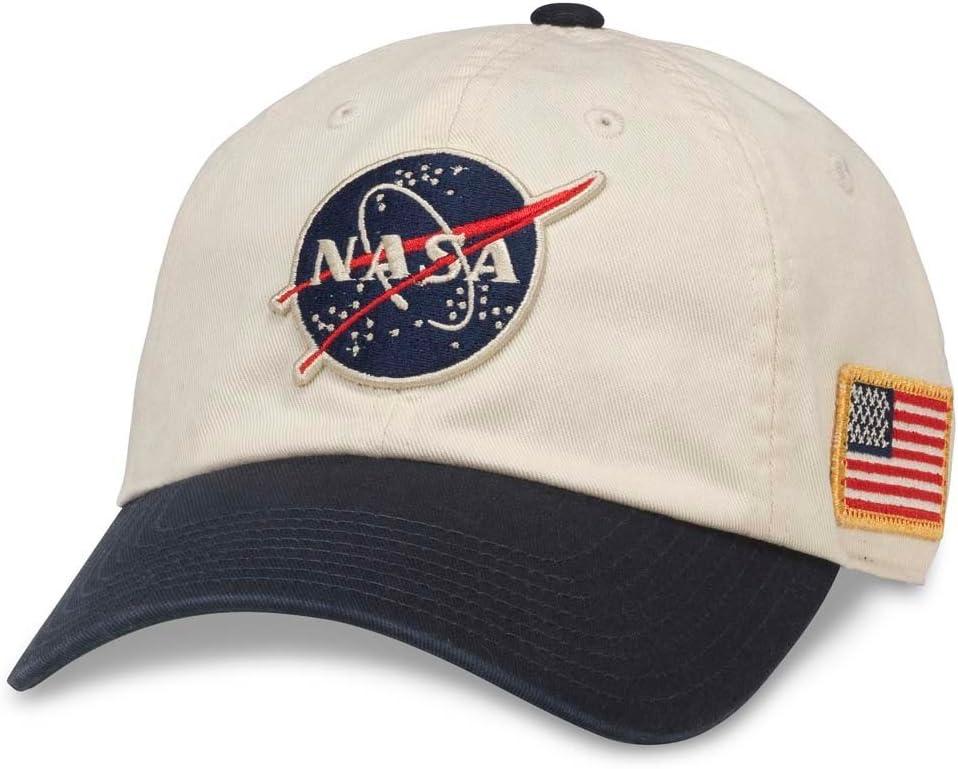 American Needle NASA Officially Licensed United Slouch Baseball Dad Buckle Strap Hat, Ivory/Navy (43570A-NASA)