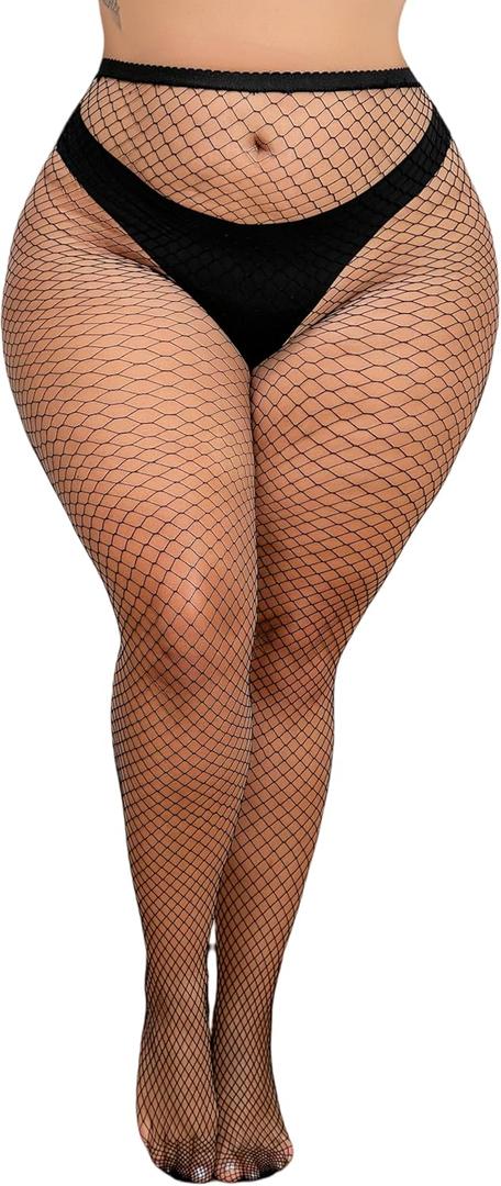 Henwarry Women's Plus Size Mesh Fishnet Stockings Thigh High Waist Black Wide Tights for Weight 100-290 Lbs, XXL