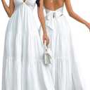 Narecte Women's Maxi Summer Dresses Halter V Neck Beach Dresses for Women A-Line Casual Dress for Vacation (White) L