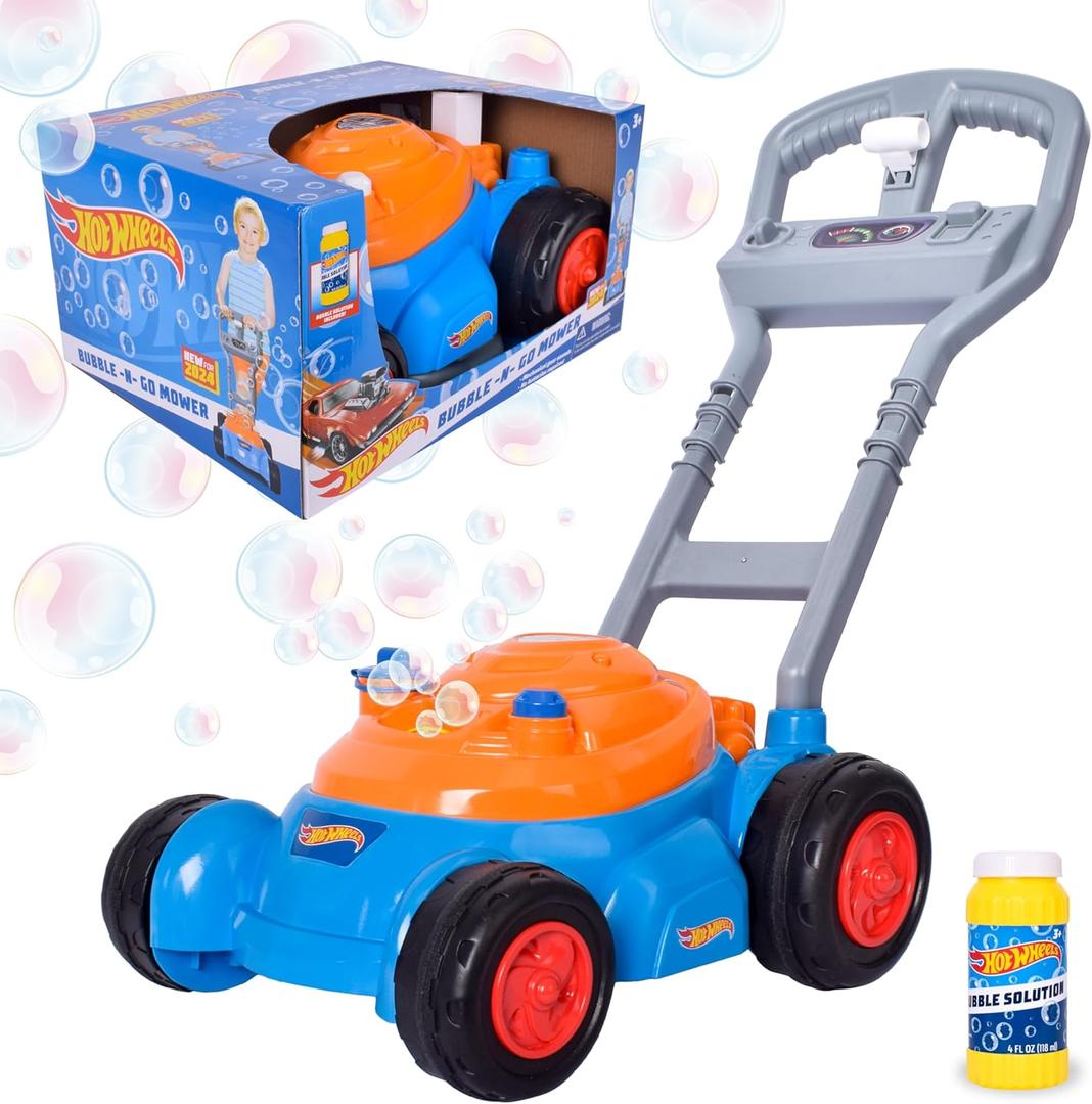Hot Wheels Bubble Lawn Mower for Toddlers, Bubble Blowing Machines, Indoor/Outdoor Gardening Toy, Birthday Gift for Prechool Girls and Boys, No Batteries Required, Includes Bubble Solution, 2+