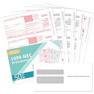 1099 NEC Forms 2025 with Envelopes, 50 2025 1099 NEC Tax Forms, 4 Part, with 50 Self Seal Envelopes with 3 1096 Included