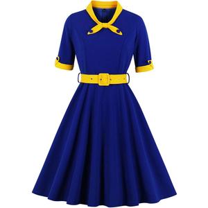1950s Dresses for Women Vintage Rockabilly Retro Short Sleeve Tie Midi Dress Cocktail Party Evening Prom Gown (Small, Royal Blue+yellow)