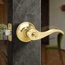 Moquin Wave Design Keyed Entry Door Lever with Lock, Reversible Door Handle for Right/Left Side for Front/Entrance Door Lock in Polished Brass Finish (1 Pack)