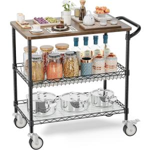 Leteuke Rolling Kitchen Carts with Wheels, 34" L x 17.5" W, 3-Tier Heavy Duty Utility Cart with Wood Tabletop, NSF Commercial Metal Serving Cart with Handle and Shelf Liner for Kitchen, Black