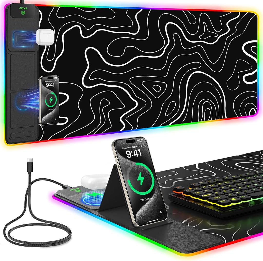 Mouse Pad with Foldable Phone Holder & Wireless Charger, XXL RGB Gaming Mousepad 31.5"x15.8" Large Desk Mat for Keyboard, Black Desk Pad with Dual Qi Charging Station | 11 Colors 5 Modes | Waterproof (Touch Control-XXL Black+Topographic Print)