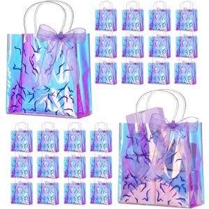 Mooliwe 24 Pcs Kpop Theme Party Gift Iridescent Pattern Bags with Ribbon Bow Popular Singer Party Favors PVC Clear Gift Goodie Bags 8 x 8 x 3.15 Inch with Handles for Purple Decoration Friendship Fans