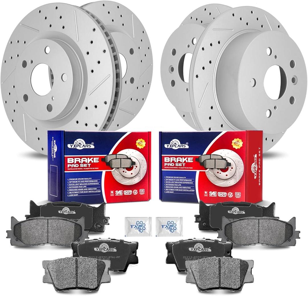 Front & Rear Drilled Slotted Rotors and Ceramic Disc Brake Pads Kit for Toyota Camry 2012-2017/ Avalon 2013-2018, for for Lexus Es350 Es300h 2013 2014 2015 2016 2017 2018