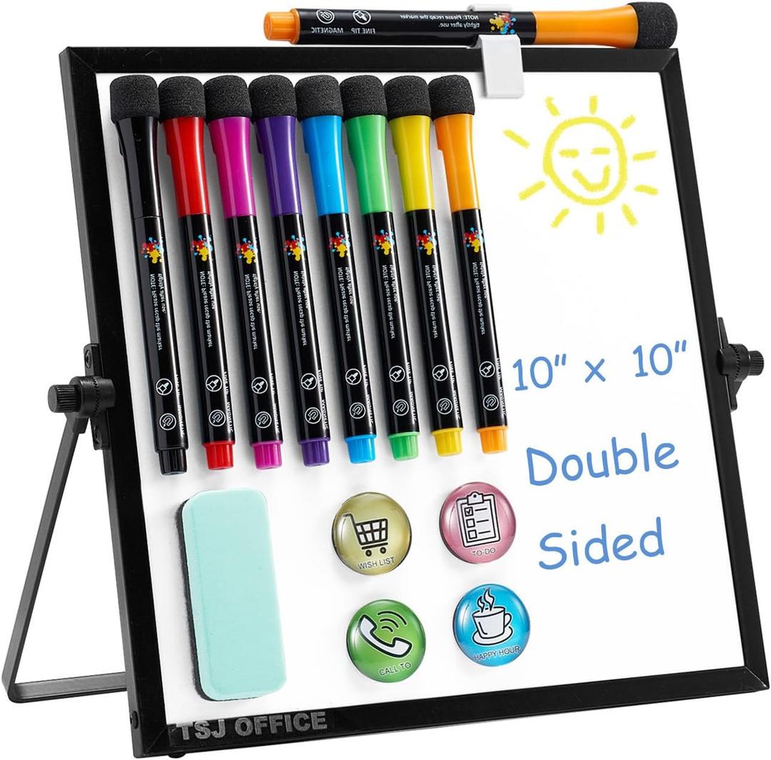 Small Magnetic Desktop White Board  Portable Mini Easel Dry Erase Whiteboard for Students Double Side to Do List Dry Erase Board with Stand for Office, School, Home 10 x 10 inches (Black)