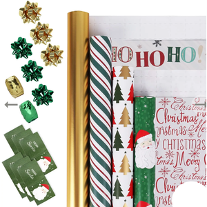 LaRibbons Christmas Wrapping Paper Set, Classic Santa & Stripe Design with Gift Bow & Ribbons & Tags, Perfect for Holiday, Party, Xmas Celebration,30 Inch X 10 Feet (4Rolls, 100 sq.ft.ttl.)