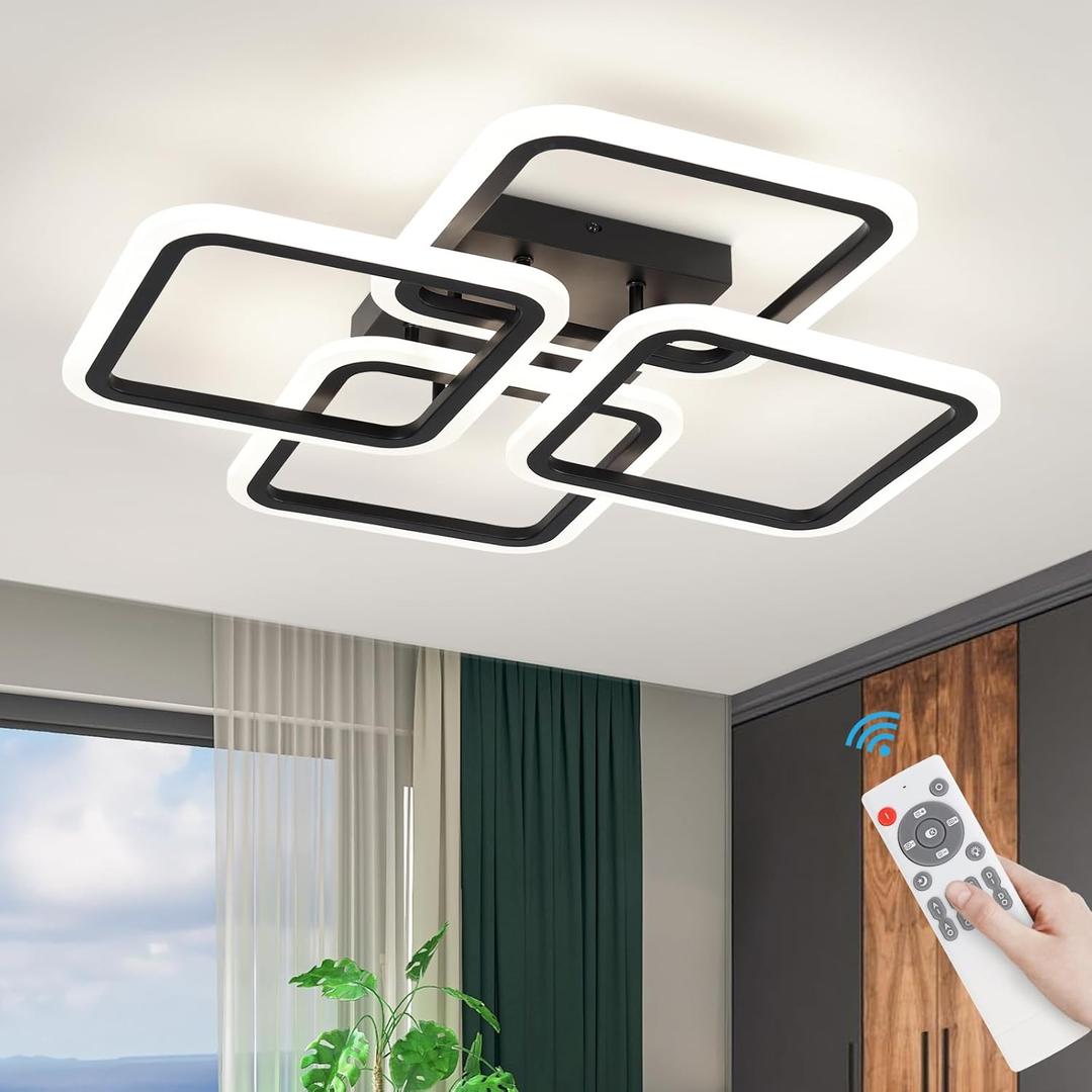 23.6inch Modern LED Ceiling Light 50W Dimmable Ceiling Lamp with Remote Control Square LED Flush Mount Ceiling Light Dining Room, Living Room, Kitchen, Bedroom, Office (Black,Square 4rings)