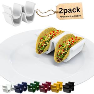 HolaTasty Taco Shell Holder Ceramic, Dual Taco Stand for Plates - Compact Taco Rack 2-Slot for Street/Hard Shell Tacos, Party Taco Server Mini Taco Holder, Taco Heater for Microwave Oven - Set of 2 (White - 2 Pack)