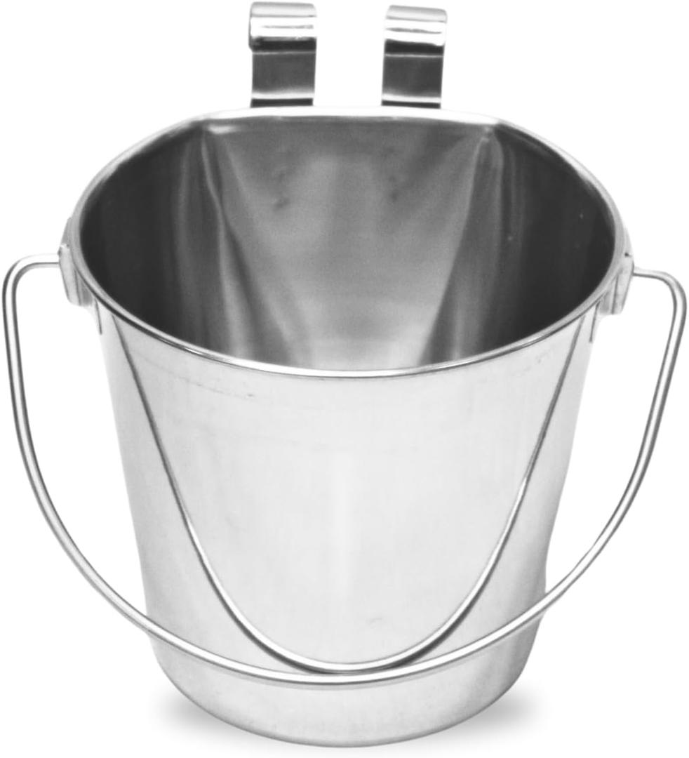 Stainless Steel 4 Qt Flat Back Sided Dog Pails - Dual Hooks Hanging Food & Water Bucket Dogs, Kennels, Cages and Critter Crates - Multi Purpose Pets (4 Quarts) (4 Quart)