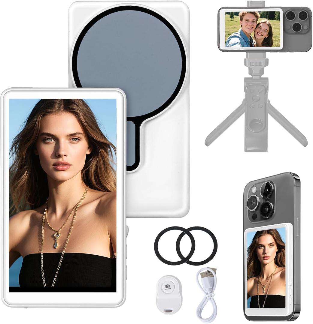 4.02 Vlog Selfie Monitor Screen with Rear Camera Display-Magnetic Phone Mount, Low-Latency HD Mirroring & Wireless Remote, Compatible with iPhone/Android for Social Media Live Streaming (white or grey)