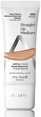 Almay Skintone Matching Foundation, Smart Shade Face Makeup with SPF 15, Hypoallergenic, Oil-Free, Dermatologist-Tested, 300 Straight Up Medium, 1 fl oz