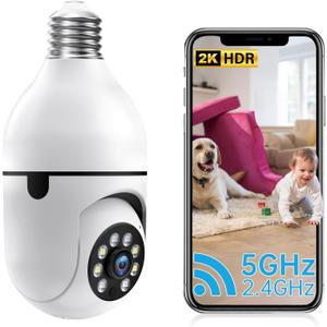 2K Light Bulb Security Camera Outdoor,5G&2.4G WiFi Security Cameras Wireless Indoor,lightbulb Camera for Home Security Outside Indoor,360PTZ,Two-Way Talk,Color Night Vision,Human Motion Detection (1, White)