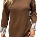 Color Block Sweater Dress for Women Mini - Long Sleeve, Mock Neck, Short Knit Dresses, Casual Fall Dresses (X-Large, Brown)