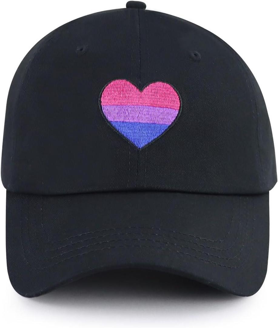 Pride Rainbow Heart Hats for Men Women, Adjustable Embroidered LGBT Baseball Cap, Black