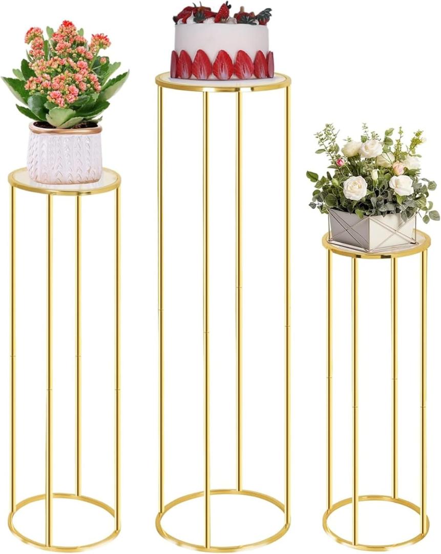 Rvggher 3Pcs Cylinder Stands for Party, Gold Cylinder Pedestal Stand for Parties, Metal Plant Cylinder Cake Table Stands for Flowers, Display Stand for Wedding, Party, Birthday, Festival, Party Decor